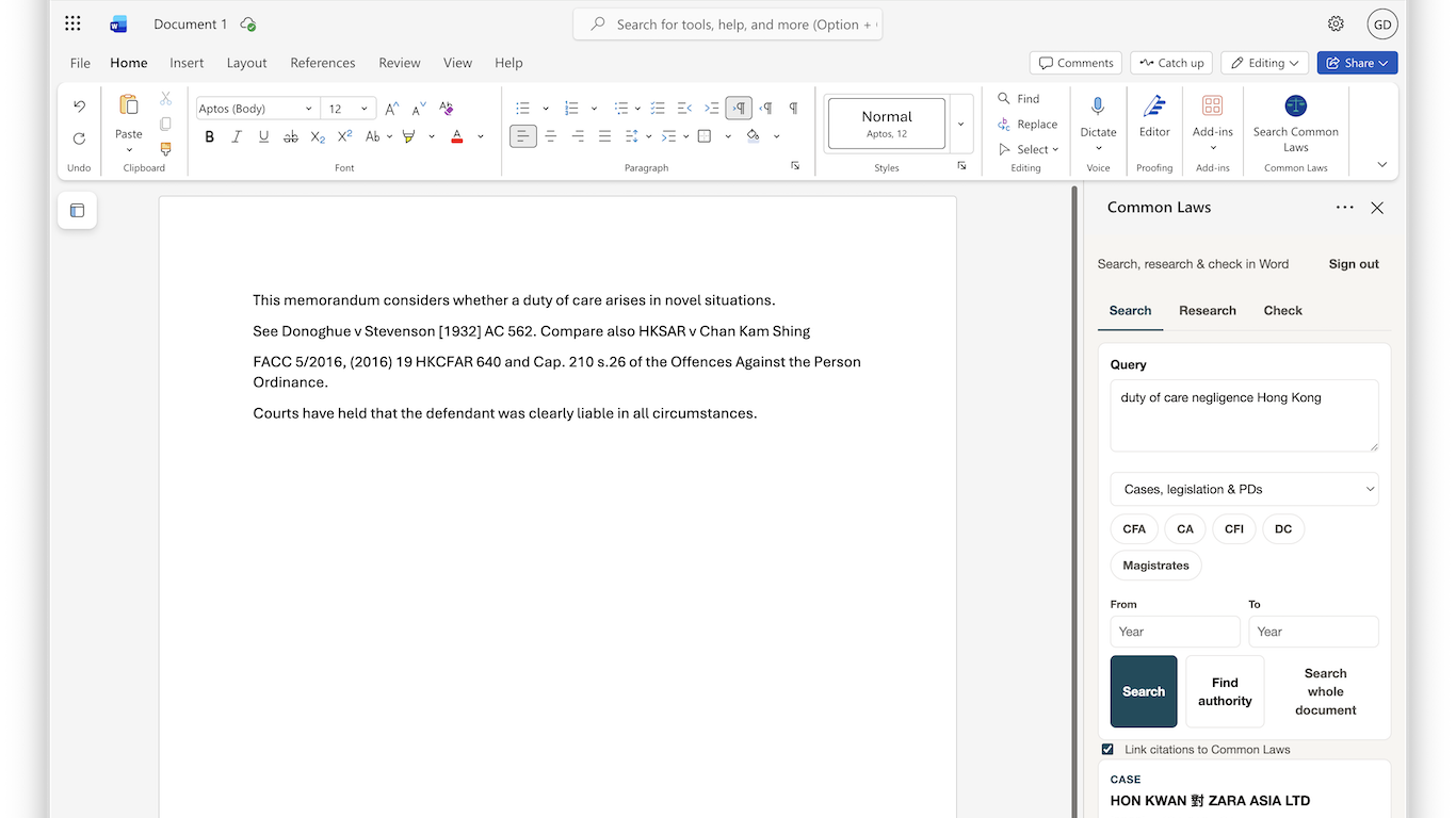 The Common Laws panel in Microsoft Word, showing Hong Kong case search results next to a draft